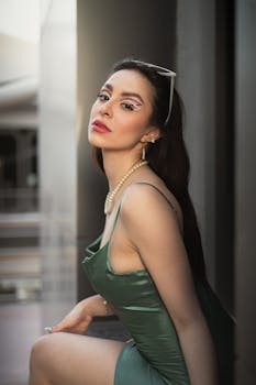 Portrait of a fashionable woman in elegant green evening dress with artistic makeup.