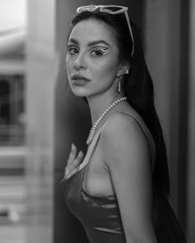 Stunning black and white portrait of a female model wearing elegant attire and pearl accessories.