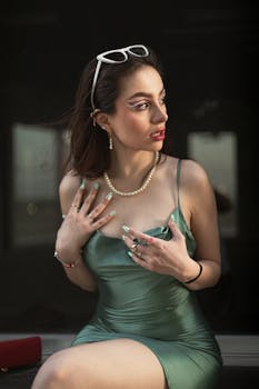 Stylish young woman with artistic makeup and jewelry in a green dress outdoors.
