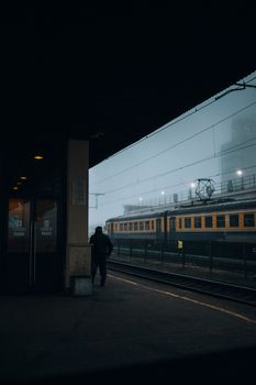 Atmospheric image of a train station platform enveloped in fog, showcasing a solitary figure and a classic train under dim lights.