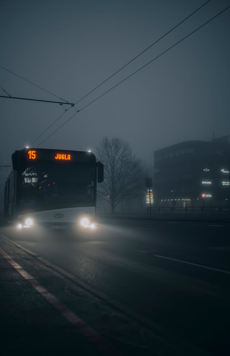 Bus 15 Under Fog In Riga