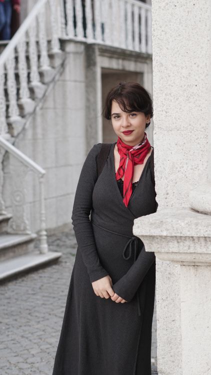black dress with red scarf Black dress red scarf