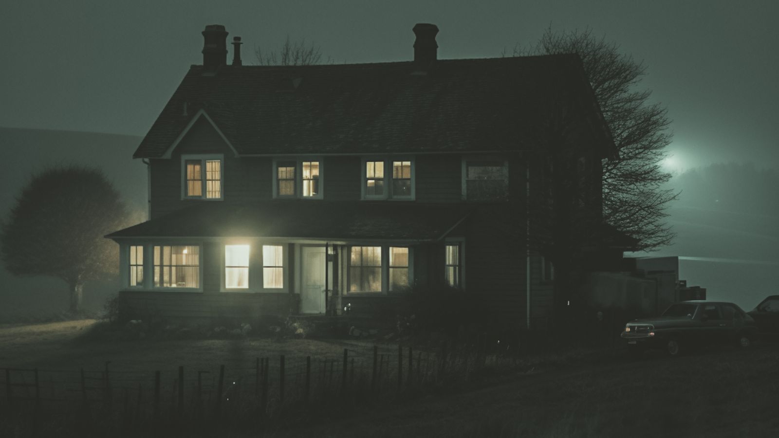 A lone house glowing in fog at night in an empty countryside, a real photo echoing the remote hotel in Hokum, with no people in the frame