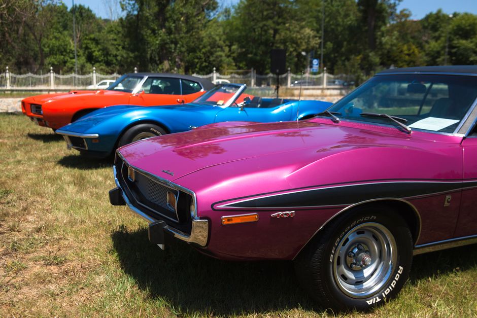 A collection of colorful classic cars parked on grass under natural sunlight.