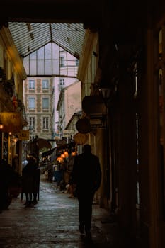 Atmospheric alley in Paris, showcasing vintage architecture with evening lights and silhouettes.