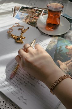 Artistic scene of a woman's hand with jewelry, writing in a notebook with Paris postcards and tea.