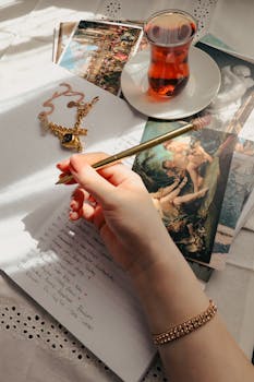 A woman's hand writing with a gold pen surrounded by art and tea on a sunny Parisian table.