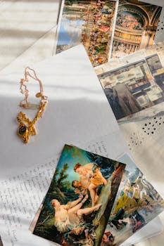 Collection of vintage art postcards and jewelry bathed in sunlight, capturing Parisian elegance.