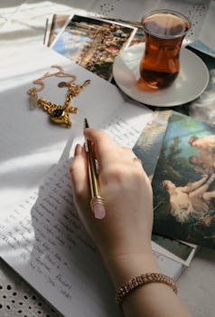 A person writing in a journal surrounded by gold jewelry and a glass of tea, creating a cozy atmosphere.