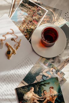 A vintage-themed still life featuring a coffee, jewelry, and historical prints.
