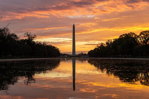 Washington Monument in Lincoln Memorial Reflecting Pool at Dusk