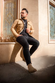 A fashionable man in casual attire sits on a window ledge, illuminated by sunlight.