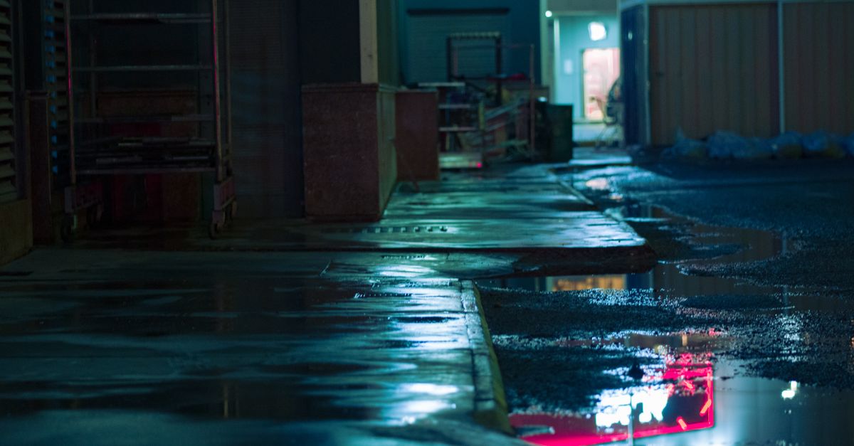 Moody scene from a sci-fi show with neon lights and rain-slicked streets