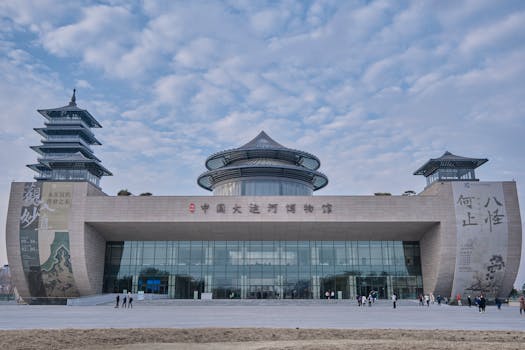 Front view of the modern Grand Canal Museum in Yangzhou, China, showcasing Chinese architecture.