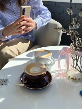 Woman photographing cappuccinos with latte art in a sunlit café scene.