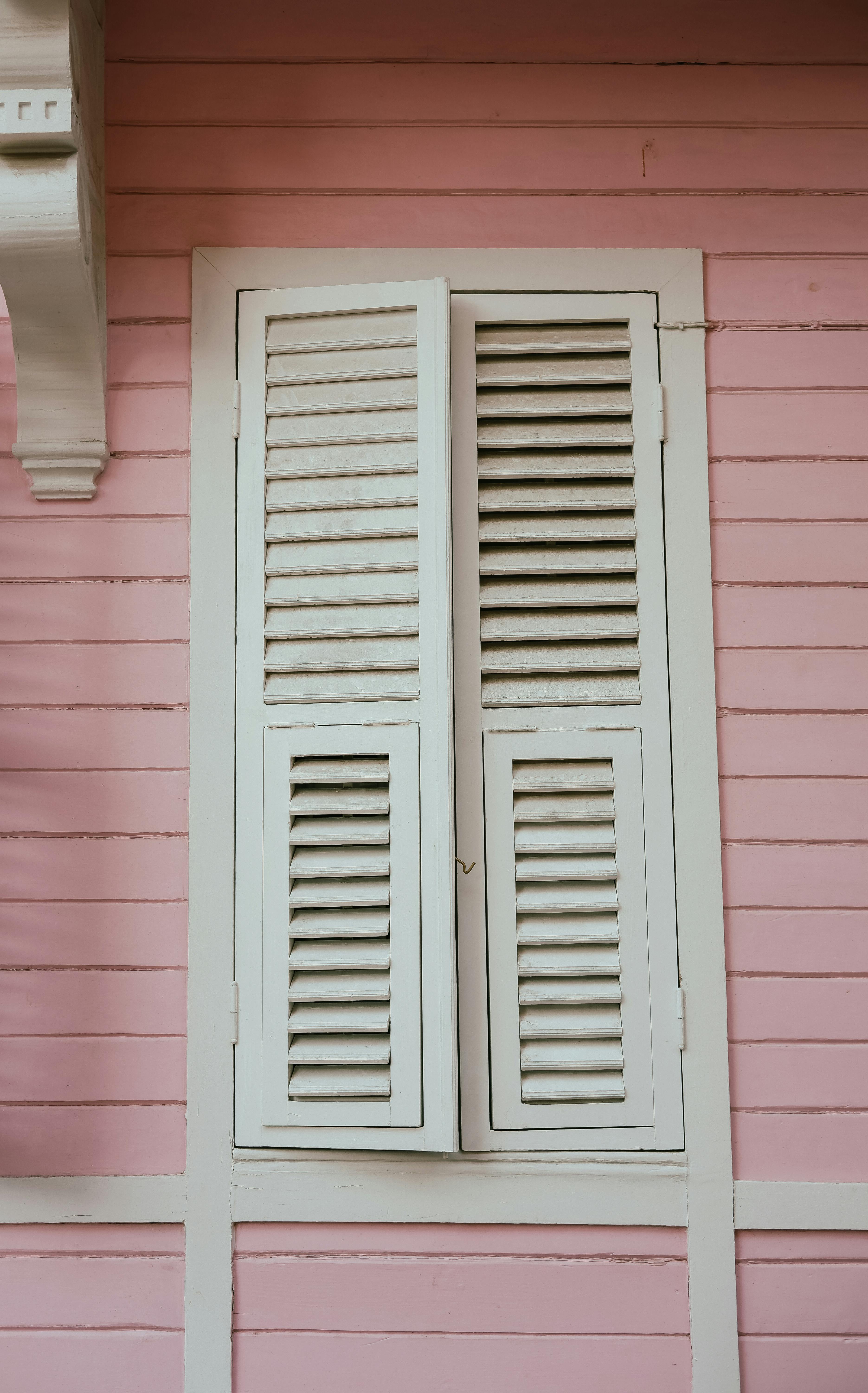 Vertical close-up of a pink house wall featuring white classic shutters, conveying a vintage charm.