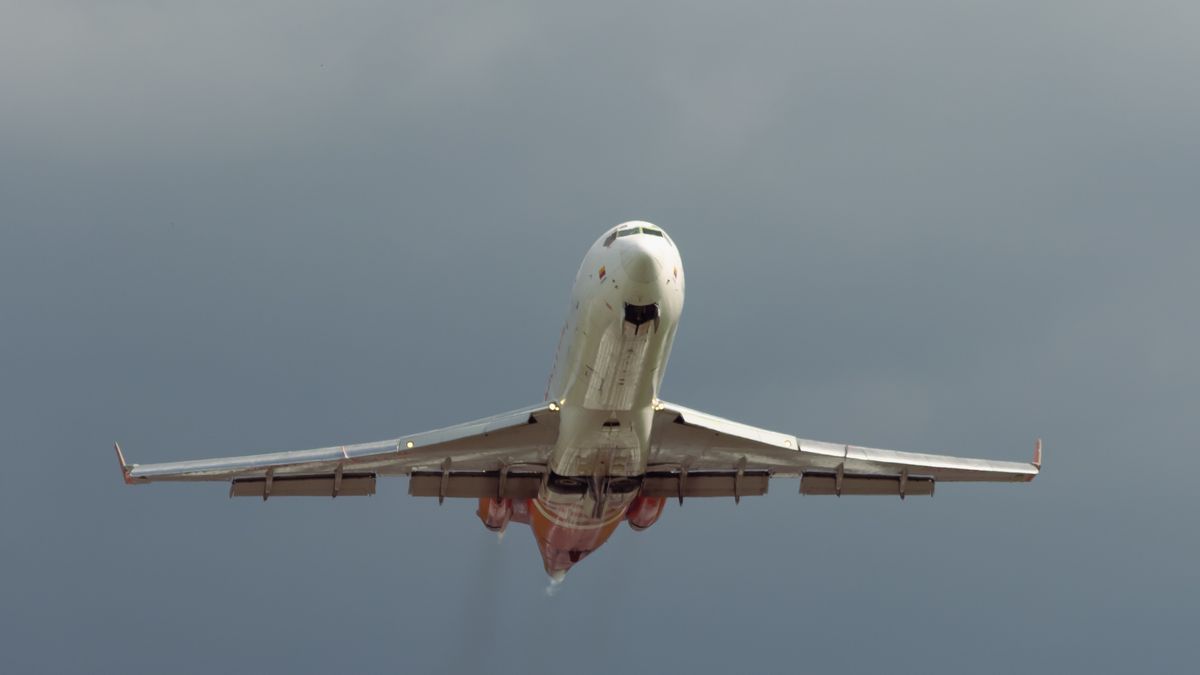曇り空へ向かって離陸する旅客機