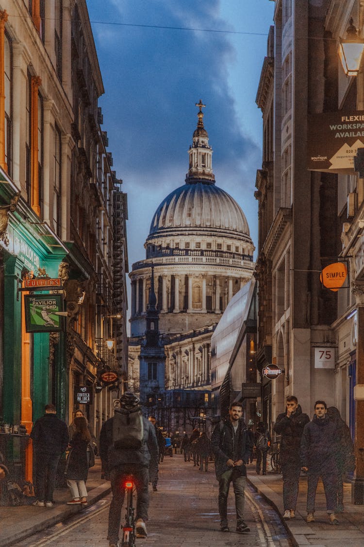 City Street With A Cathedral Dome In Perspective