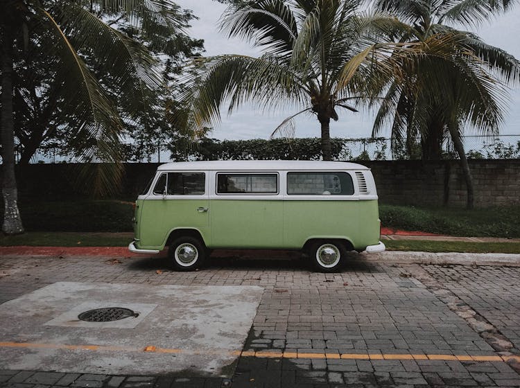 Green Volkswagen Transporter Van Parked Under Coconut Trees