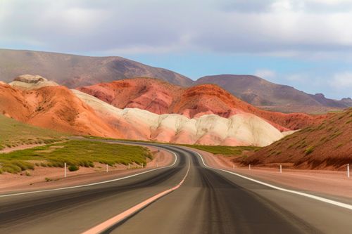 Free A winding road through colorful desert hills under a bright sky. Stock Photo