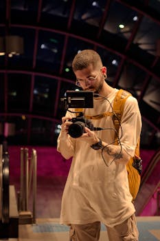 A young photographer with eyeglasses filming indoors during the night using modern equipment.