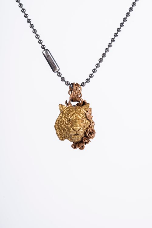 Free Elegant handmade lion necklace with a golden pendant photographed against a white backdrop. Stock Photo