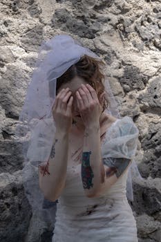 Tattooed bride in white dress with fake blood, covering face in a spooky Halloween setting.