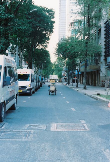 A bustling city street with parked cars, tall buildings, and lush trees lining the road.