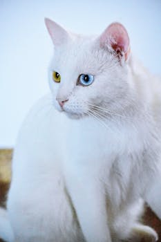 这只可爱的白色猫咪患有异色症，眼神引人注目，凸显了独特的眼睛颜色差异