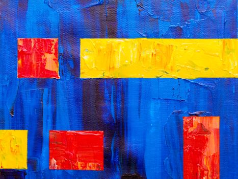Colorful abstract art on canvas featuring red and yellow geometric shapes against a blue background.