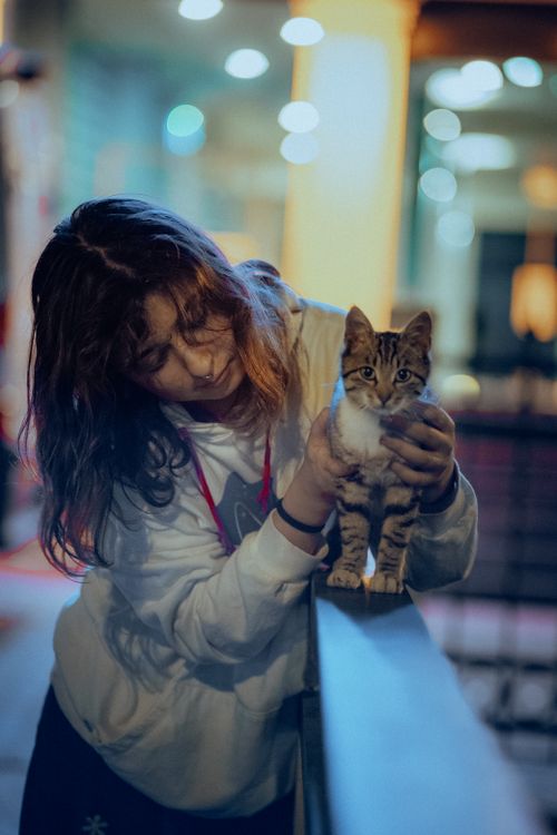 Free A young woman in a hoodie lovingly holds a cute cat on a railing during nighttime. Stock Photo
