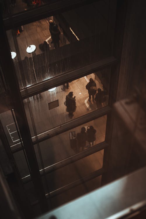 People in Jackets Standing behind Windows