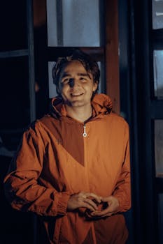A young man in an orange jacket smiling warmly in an indoor setting near a window.