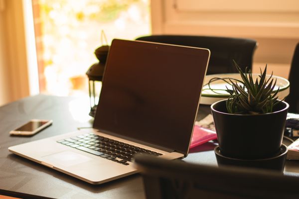 A warm-toned home workspace with a laptop, a plant and soft lighting for an online session