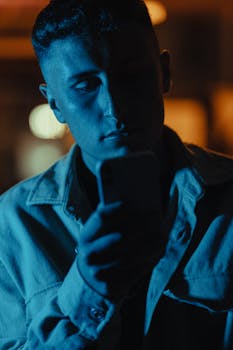 A man engrossed in his smartphone under dramatic lighting at night.