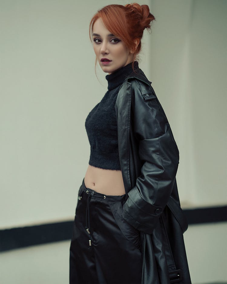 Woman In Black Long Leather Coat