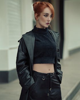 A confident young woman poses outdoors in a chic black leather coat and crop top.