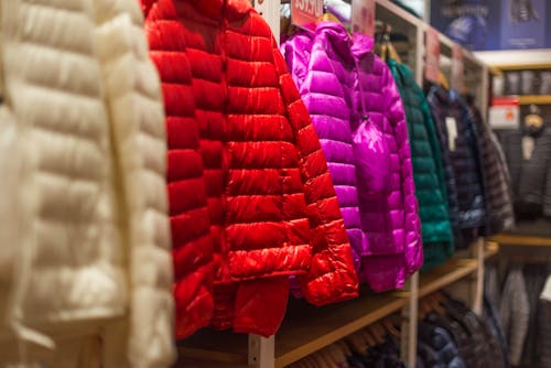Free Assorted-color Bubble Jackets Hanged Stock Photo