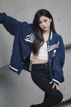 Stylish portrait of a young woman in trendy casual wear posing confidently.