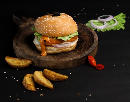 Hamburger on Wooden Tray