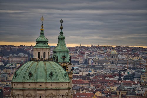 Cityscape of Prague with Dome and Bell Tower of St Nicholas Church, Prague, Czech Republic 