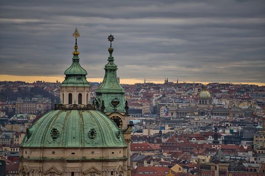 Cityscape of Prague with Dome and Bell Tower of St Nicholas Church, Prague, Czech Republic 