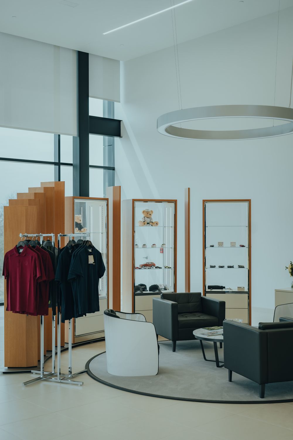 Contemporary retail interior with display and customer seating
