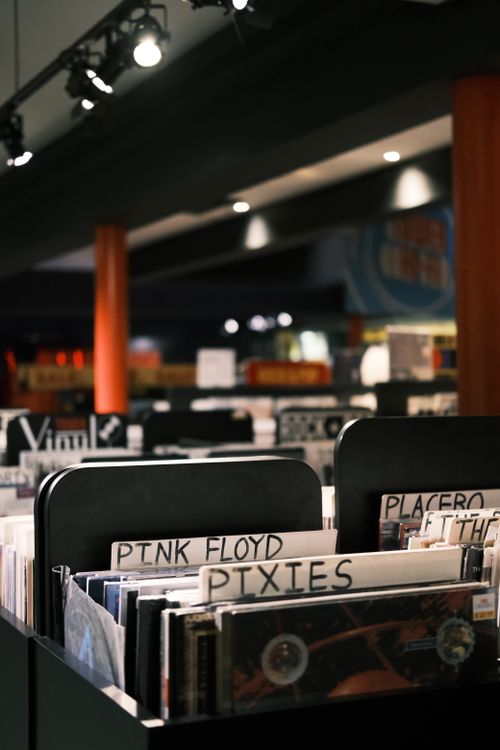 Free A close-up of vinyl records in a Dublin music store, showcasing classic rock collections. Stock Photo