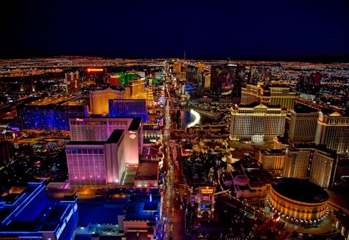 Stunning aerial view of Las Vegas Strip glowing at night with vibrant neon lights and bustling nightlife. by Pixabay