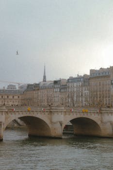 Charming Paris cityscape with iconic bridge, river, and classic architecture, perfect for travel enthusiasts.