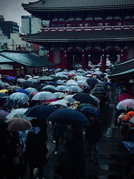 People with umbrellas gather at Senso-ji Temple in Tokyo during a rainy day, highlighting vibrant urban life.