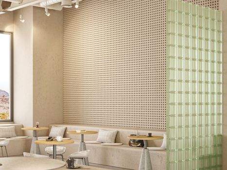 Elegant modern café interior with luxury seating and textured walls in Istanbul.