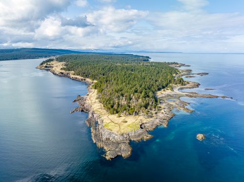 Free Breathtaking aerial shot of Hornby Island's rugged coastline with lush forests and tranquil sea. Stock Photo