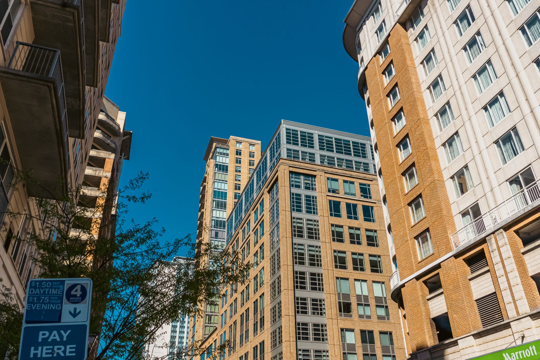High-rise buildings in Baltimore against a clear blue sky with urban vibes.